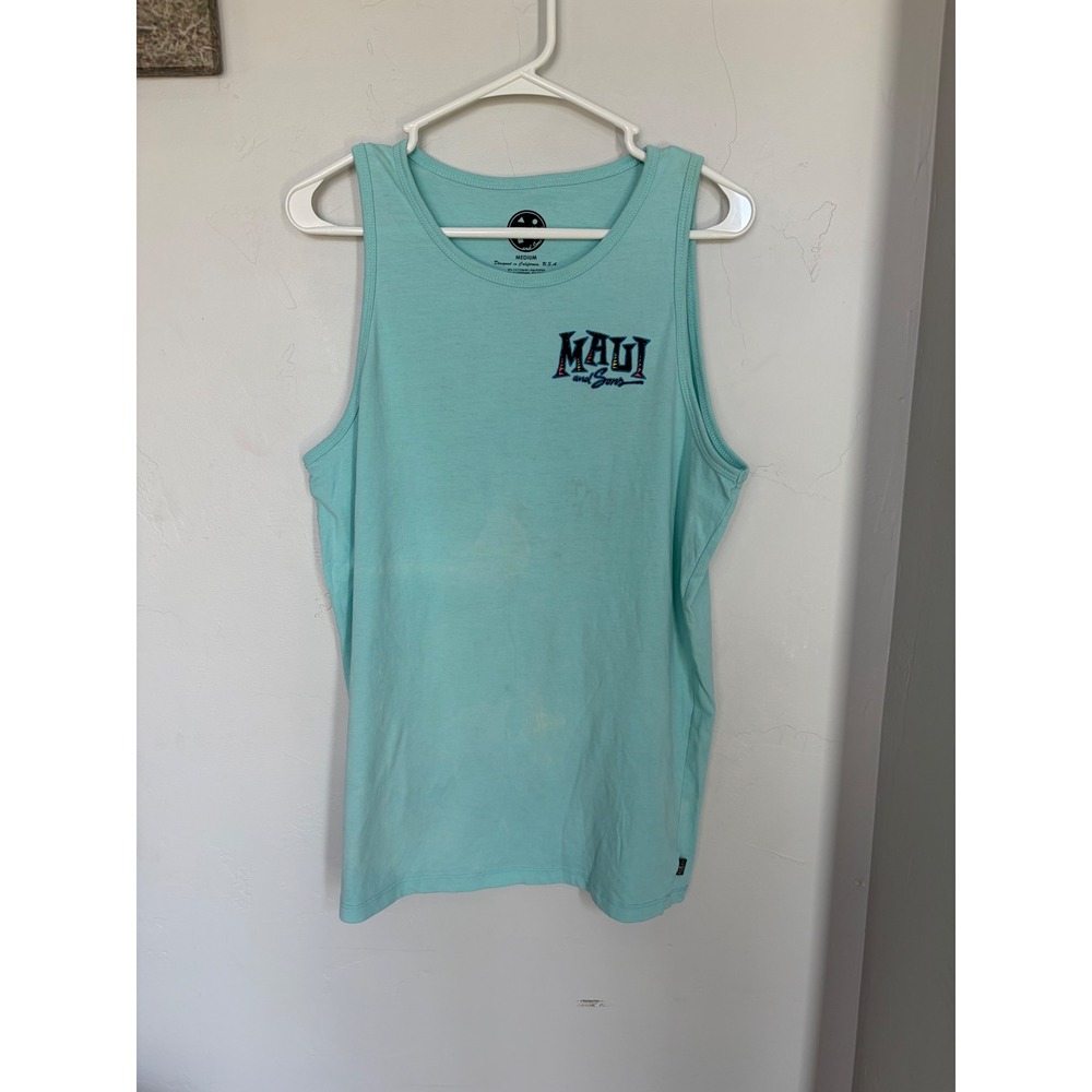 Maui and Sons Mens Tank Top Medium Aqua Blue Shark Surf Graphic Sleeveless Tee